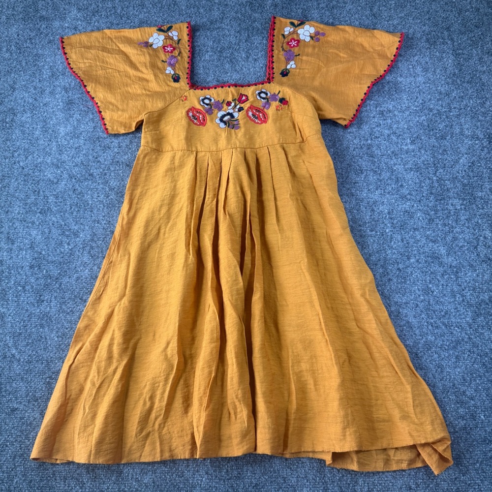 Madewell Embroidered Square-Neck Mini Dress Bronzed Leaf Yellow Boho XXS Linen